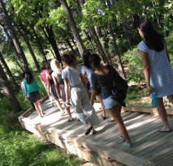 Students walking on the living lab boardwalk