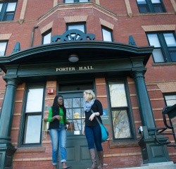 Two students walking down the steps of Porter Hall