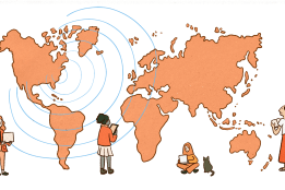 Illustration of the world, with people in various dress studying. Illustration by Marina Li.