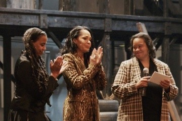 Suzan-Lori Parks ‘85 (left) and Debra Martin Chase ‘77 (center) join Mount Holyoke College President Danielle Holley (right) on stage at the Bernard B. Jacobs Theatre in New York City on Nov. 17.