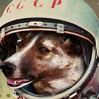 A dog with a Russian space helmet on