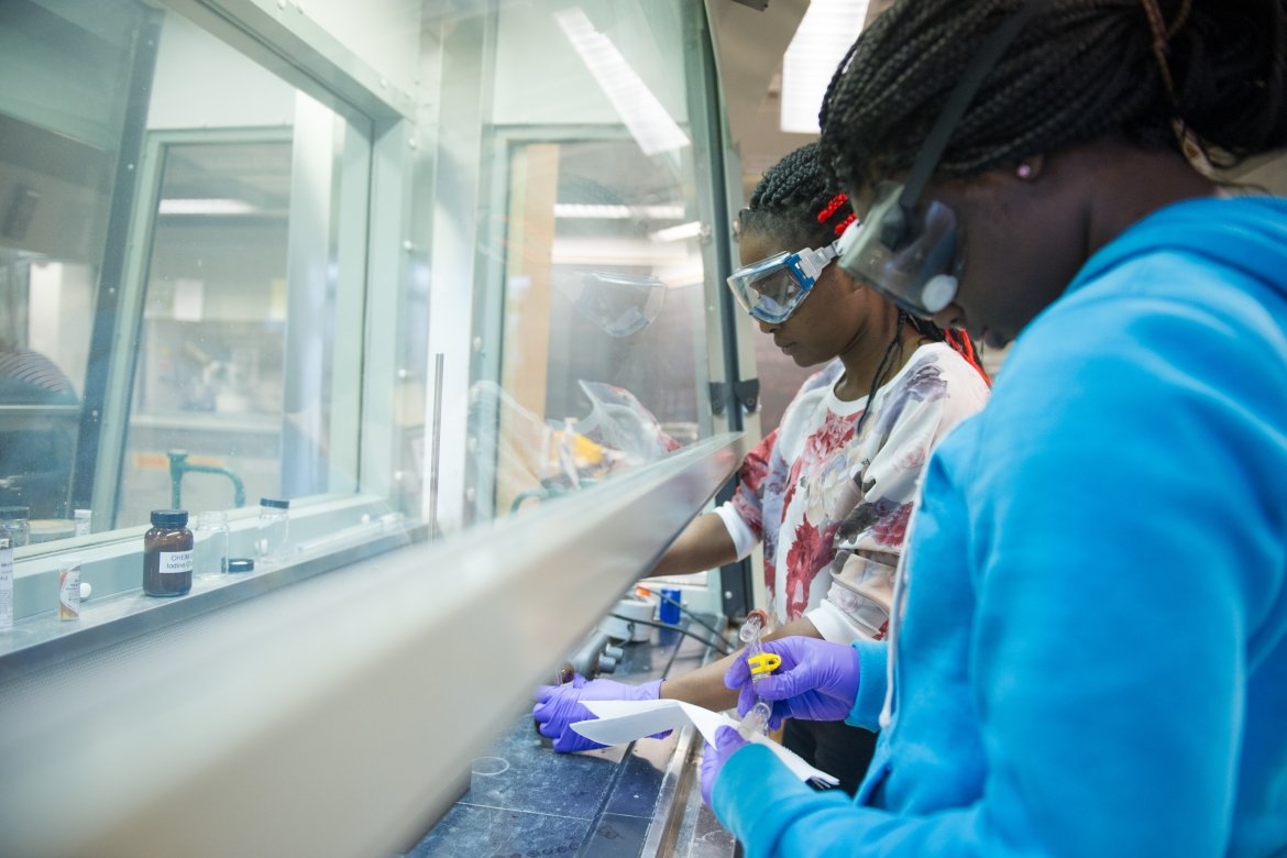 Students performing an experiment in a chemistry lab