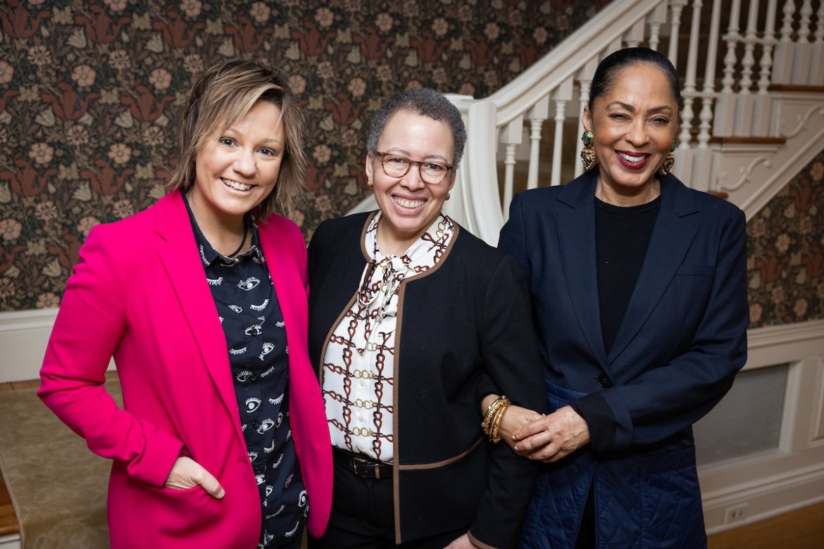 From l-r: Sarah Spillane, Interim President Beverly Daniel Tatum and Debra Martin Chase ’77