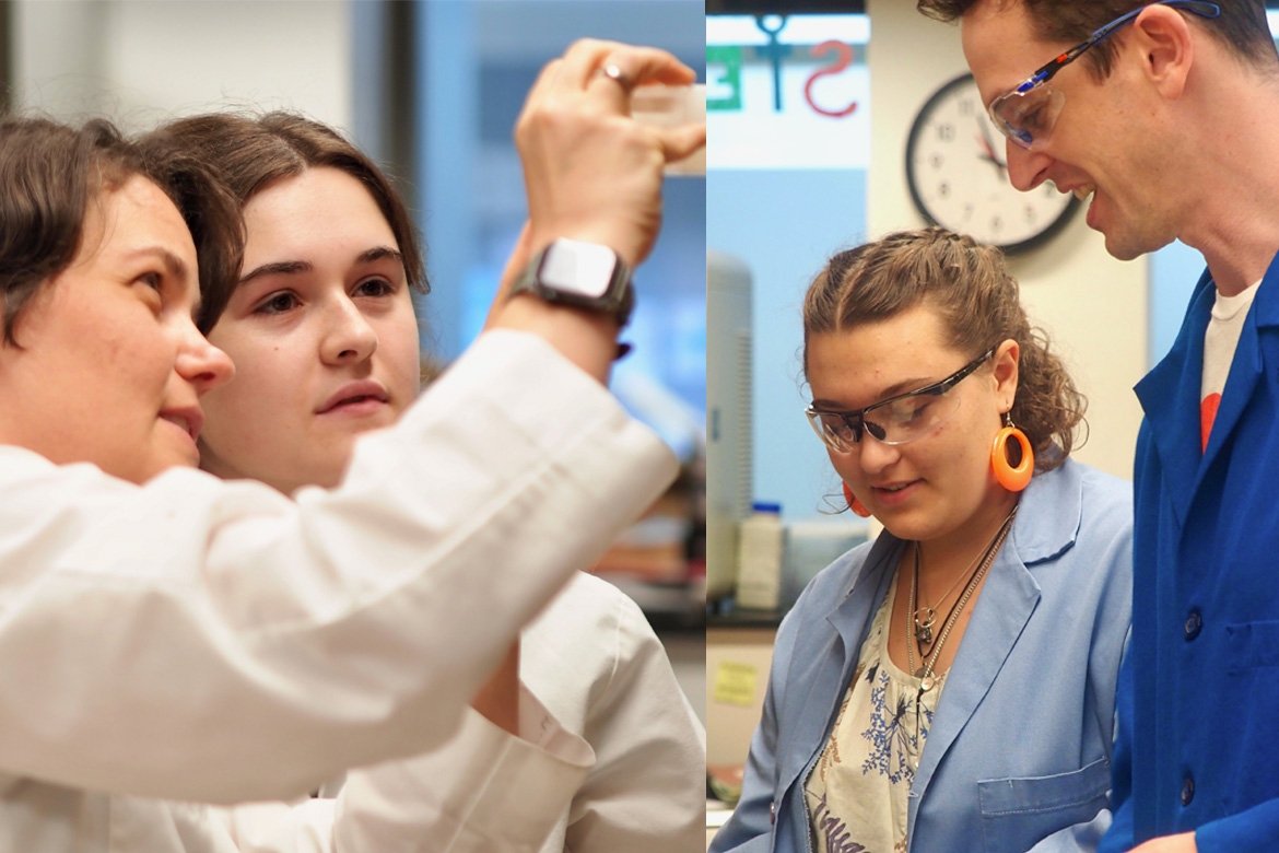 Erin Desmond ’25 (left) with her faculty mentor Katie Berry and Illia Kawash-Cooper ’25 with her faculty mentor Kyle Broaders. Photos courtesy of Katie Berry and Kyle Broaders.