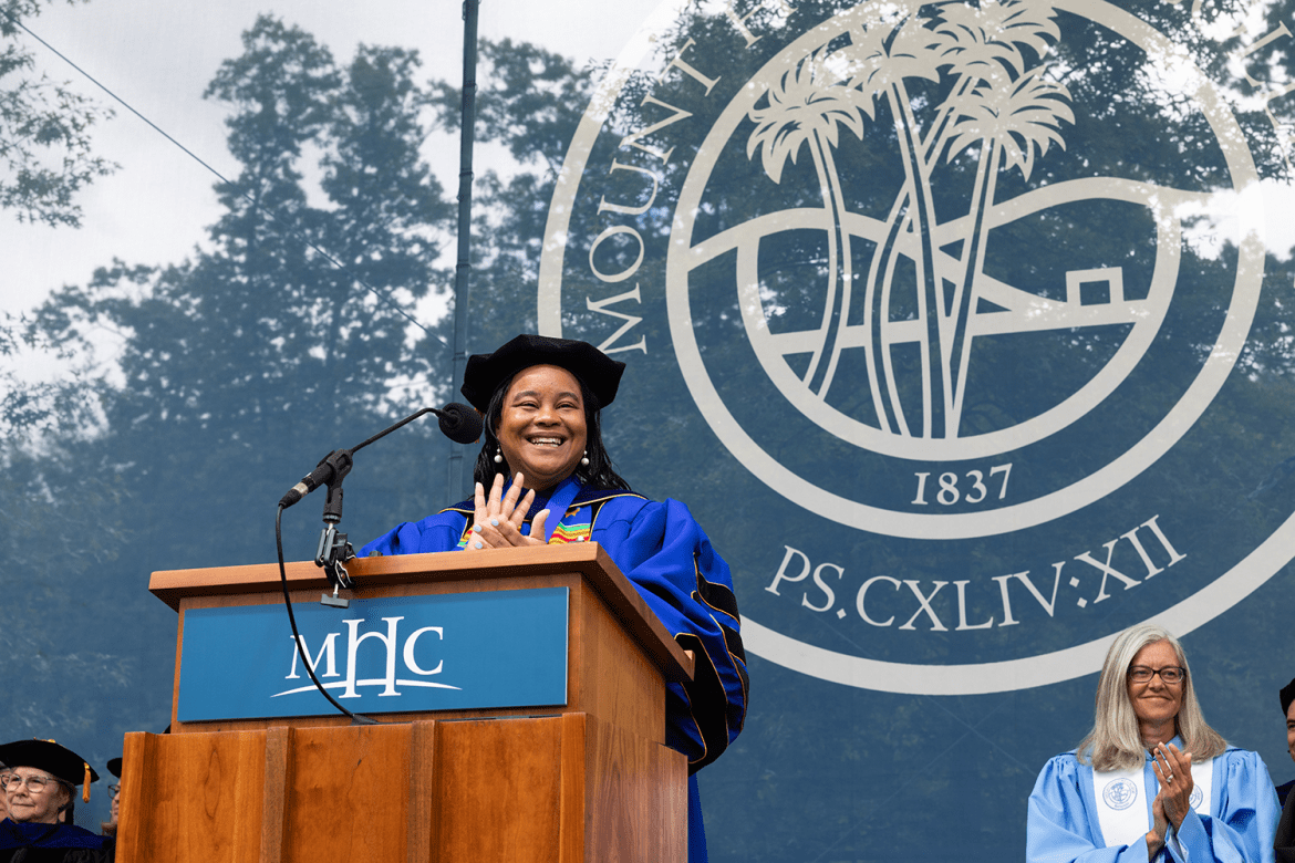 President Holley at the podium, Mount Holyoke Commencement 2024