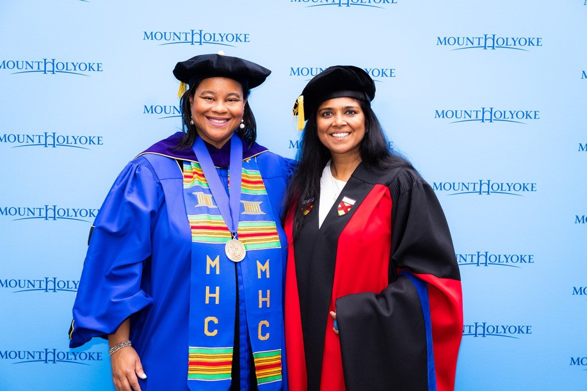 President Holley (left) and Suchi Saria ’04 at Mount Holyoke College’s Commencement in 2024