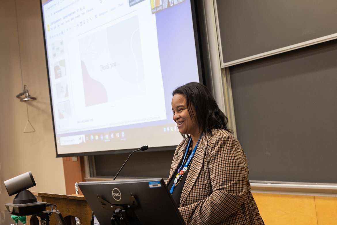 Danielle Holley in a classroom with a screen behind her. Photo by Joanna Chapman.