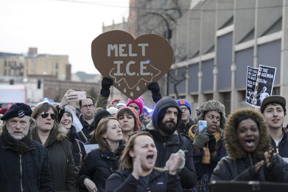 The Melt I.C.E. sign depicts allies in 2017 who stood against the actions of the US Immigration and Customs Enforcement Agency. Photo courtesy of Wikimedia Commons.