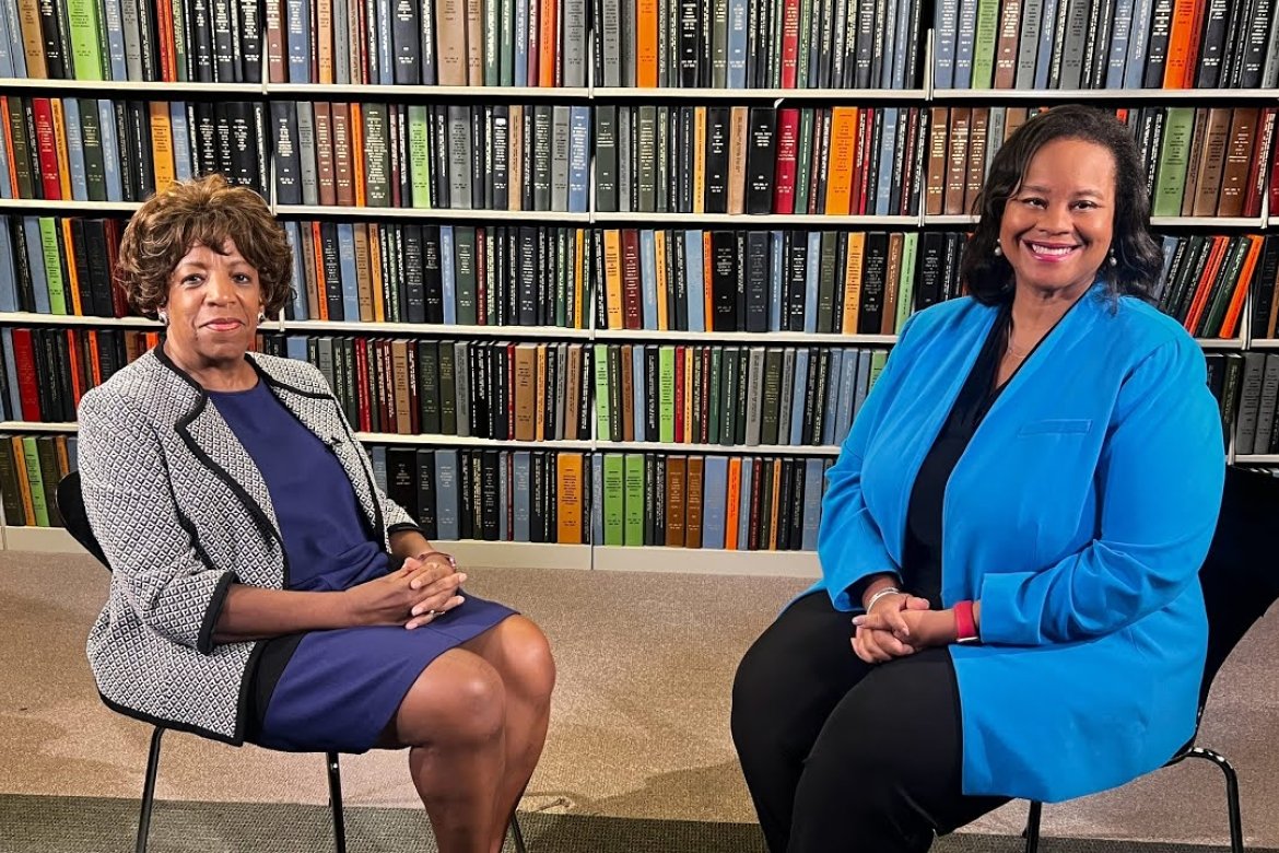 President Danielle R. Holley (right) on CUNY TV with alum Sheryl McCarthy ’69 (left)