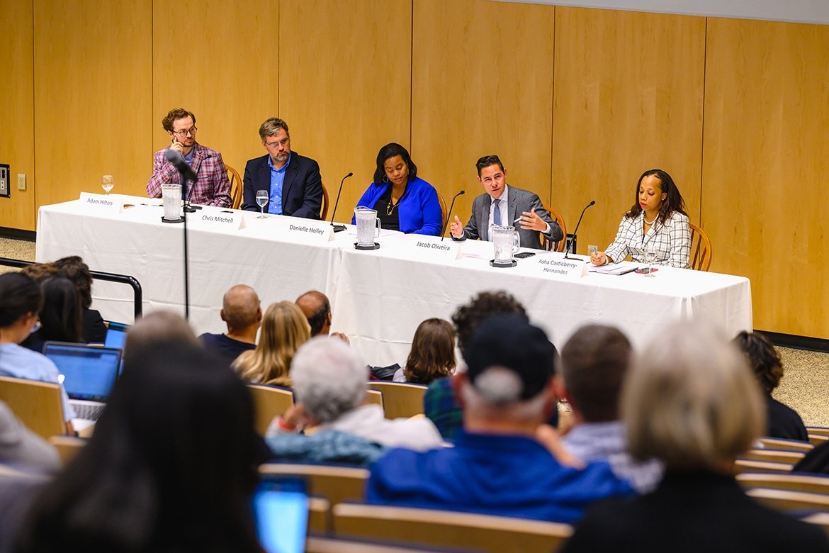 Mount Holyoke College election panel including Adam Hilton and Danielle R. Holley.