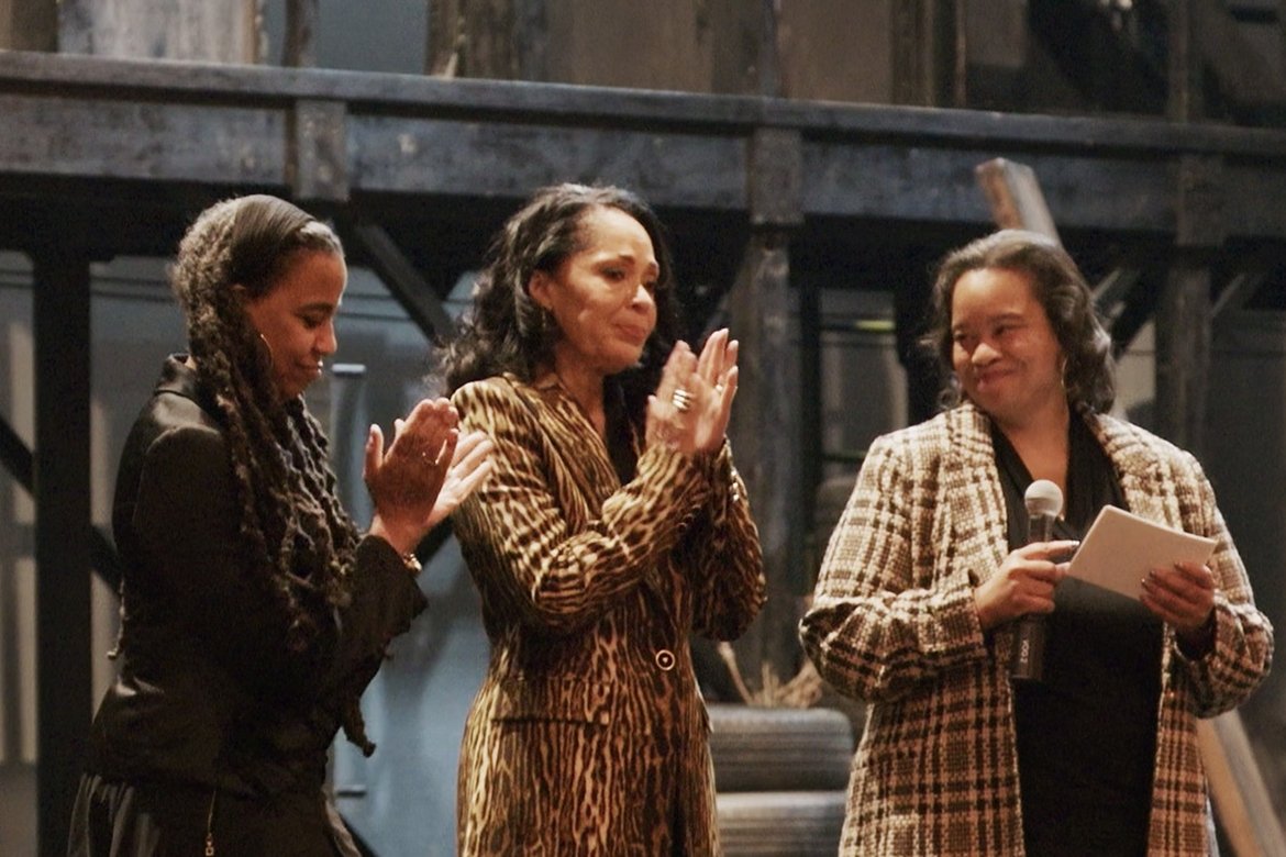 Suzan-Lori Parks ‘85 (left) and Debra Martin Chase ‘77 (center) join Mount Holyoke College President Danielle Holley (right) on stage at the Bernard B. Jacobs Theatre in New York City on Nov. 17. 