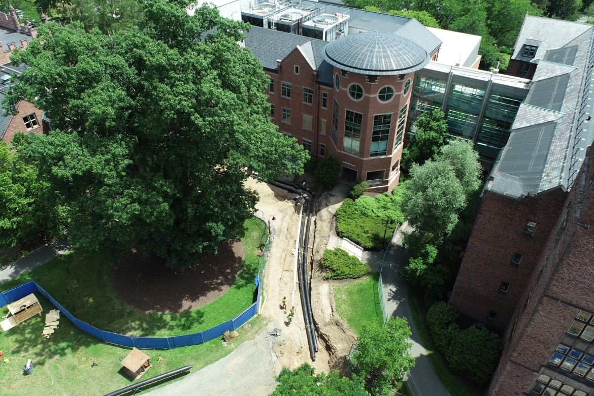 Aerial view of geothermal project construction by Kendade Hall.