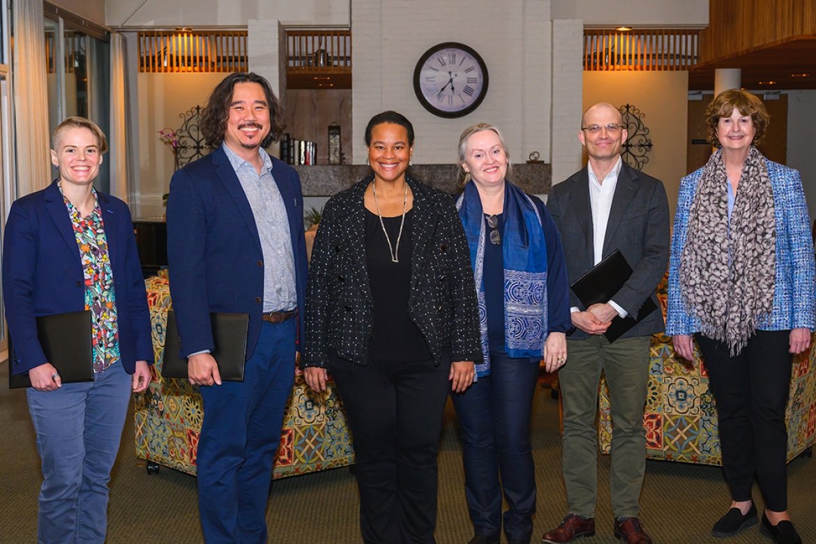 From left to right: Kerstin Nordstrom, Tianhui Ng, President Danielle R. Holley, Eleanor Townsley, Desmond Fitz-Gibbon and Provost Lisa Sullivan. Not pictured: Mark Shea.