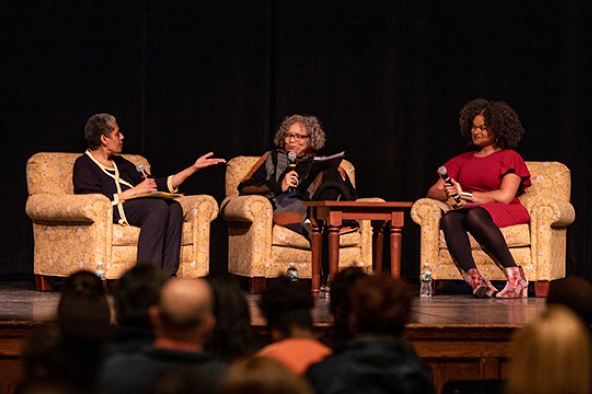 From left, Barbara Smith ’69, Beverly Guy-Scheftall and Raquel Willis engaged in the keynote conversation on radical inclusion.