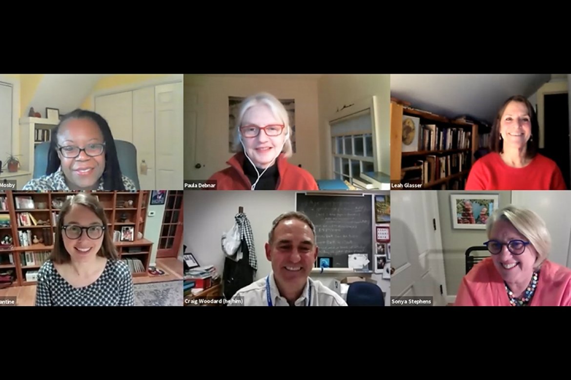 Clockwise from top left: Interim Dean of Faculty Dorothy Mosby, Paula Debnar, Leah Glasser, President Sonya Stephens, Craig Woodard and Kate Ballantine