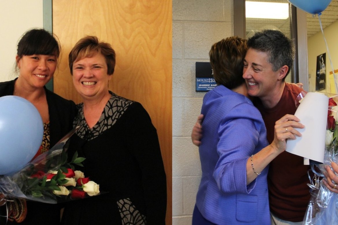 Erica DeBlase (left) and Bardee Sadlier (right) received awards from President Lynn Pasquerella. Photos by Grace Fitzpatrick.