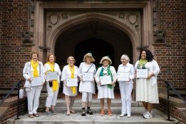 Left to Right: Alice C. Maroni ’75, Holly Hughes ’75, Eileen ML Epstein ’75, Roberta E. Aber ’65, Jacqueline E. Berkowitz ’65, Susan Nutter Keller ’55, Joana Souza ’05 were honored at Reunion I on May 24, 2025. Not pictured: Jenifer Chang ’05