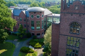 An aerial view of the science building on campus.