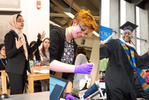 A three-panel photo: a student standing up in class asking a question; a student working in a lab; a student celebrating graduation