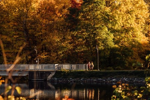 Students crossing the Lower Pond bridge in fall.