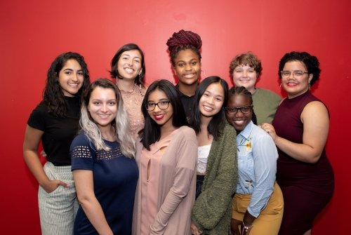 Mount Holyoke Posse scholars pose together, smiling, at Posse collegiate training.