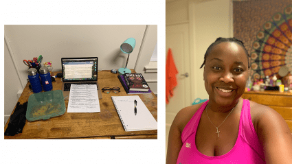 Left: a student desk with a laptop, papers and dinner in a to-go container; Right: Kuzivakwashe Madungwe