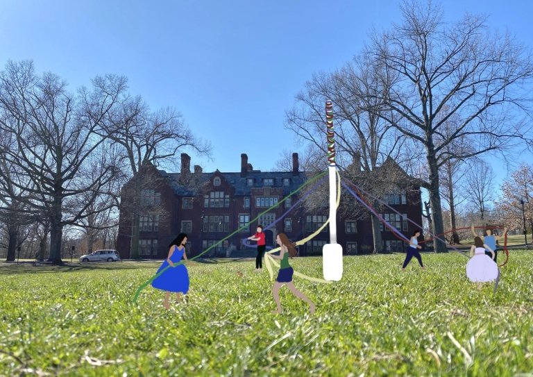 A photo of Mount Holyoke’s annual Pangy Day with drawings of people added. Illustration by Skylar Hou ’22.