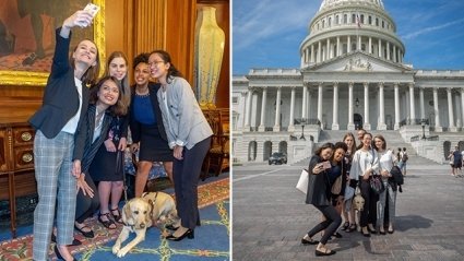 Semester in DC students taking a selfie and then in front of the capitol building