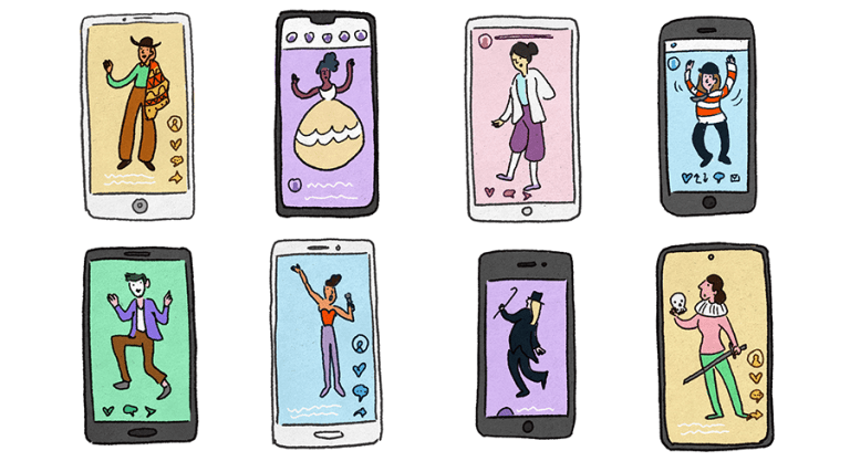 Image of phones with different people doing art and dance on the screens. Illustration by Marina Li.