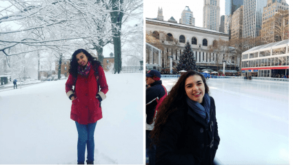 Side by side photo: Guerra’s first winter ever at MHC! (#shouldhavewornarealcoat) and First snow of the year in New York City.