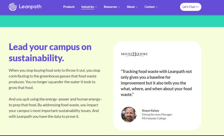 Leanpath's website with a quote from Shawn Kelsey, "Tracking food waste with Leanpath not only gives you a baseline for improvement but it also tells you the what, where, and when about your food waste."