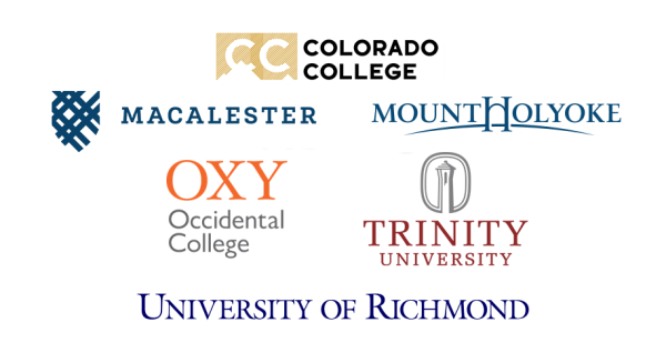 Logos of Colorado College, Macalester, Mount Holyoke, Occidental College, Trinity Unversity and the University of Richmond